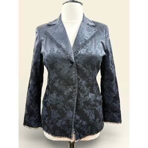 Doncaster Collection Black Damask Satin Jacket with Ruffle Trim, Size 12